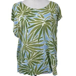 Sigrid Olsen 100% Linen Palm Print Top XL Blue Green Tropical Button Back